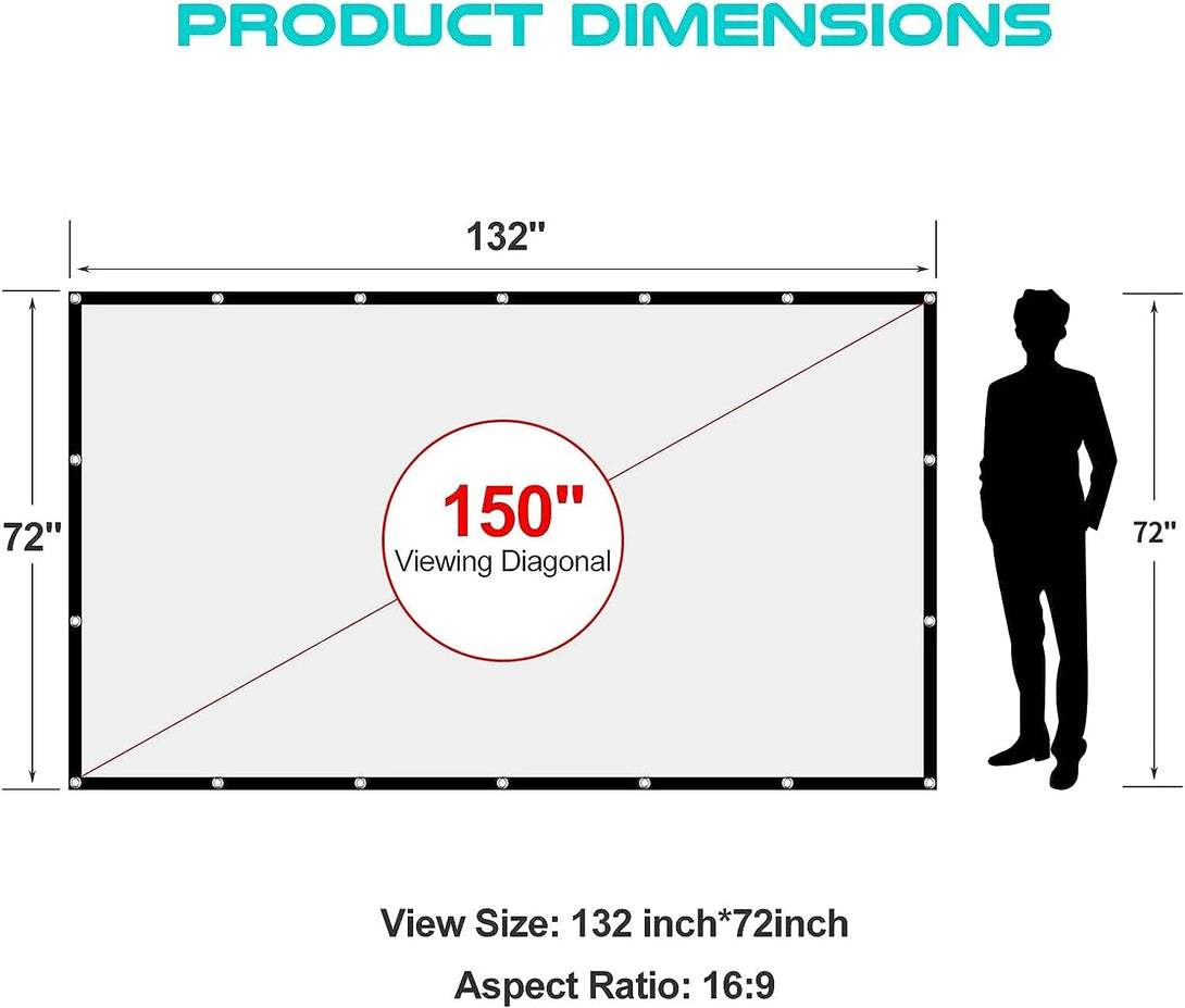 AAJK Outdoor Projection Screen 150 Inch, Washable Projector Screen 16:9 Foldable Anti-Crease Portable Projector Movies Screen for Home Theater Outdoor Indoor Support Double Sided Projection