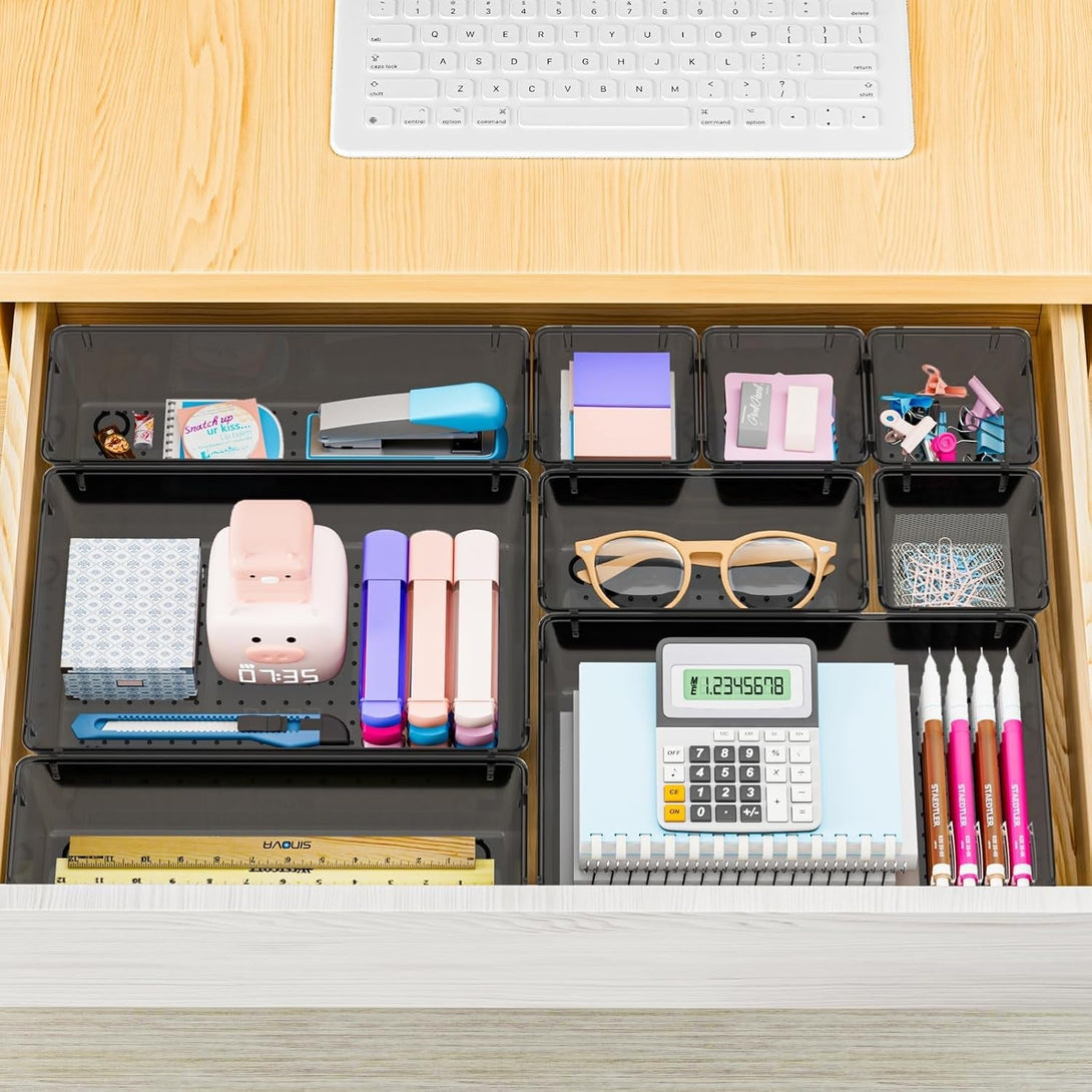 25 PCS Plastic Drawer Organizer Set, 4-Size Versatile Organizer Trays & Storage Bins for Makeup, Jewelry, and Gadgets in Bathroom, Bedroom and Office, Black