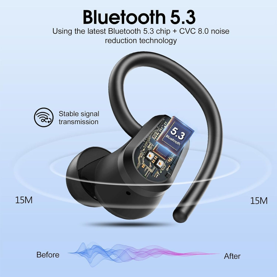 Wireless Earbuds, Sport Headphones Bluetooth 5.3, Ear Buds Wireless Earbuds Bluetooth, 50H Playtime HD Stereo Noise Cancelling Headphones, Dual LED Display IP7 Waterproof Running Earphones, Deep Black