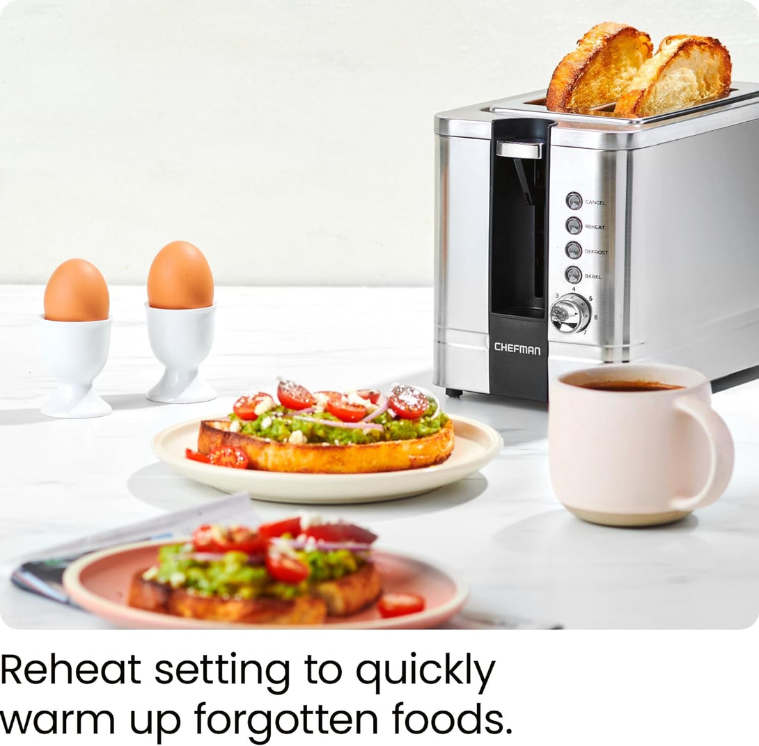 Chefman 2-Slice Pop-Up Stainless Steel Toaster W/ 7 Shade Settings, Extra Wide Slots for Toasting Bagels, Defrost/Reheat/Cancel Functions, Removable Crumb Tray, 850W, 120V, Silver