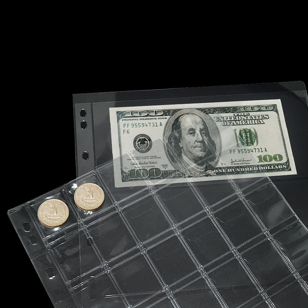 15 Sheets Plastic Coin 9-Hole 5 Sizes Pocket Pages Standard Coin Currency Money Pocket Inserts Collecting Sleeves for Coin Stickers Currency Badges Stamp and Other Collection Storage Supplies