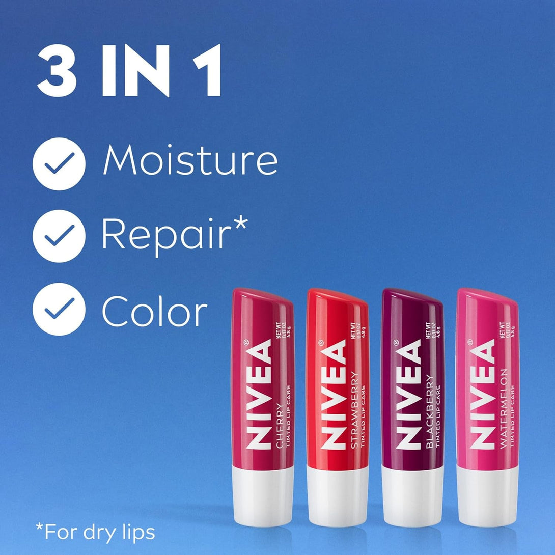 NIVEA Lip Care, Fruity Tinted Lip Balm Variety Pack, Cherry, Strawberry, Blackberry and Watermelon Flavors, 3-In-1 Moisture, Repair and Color, 0.17 Oz Stick, Pack of 4