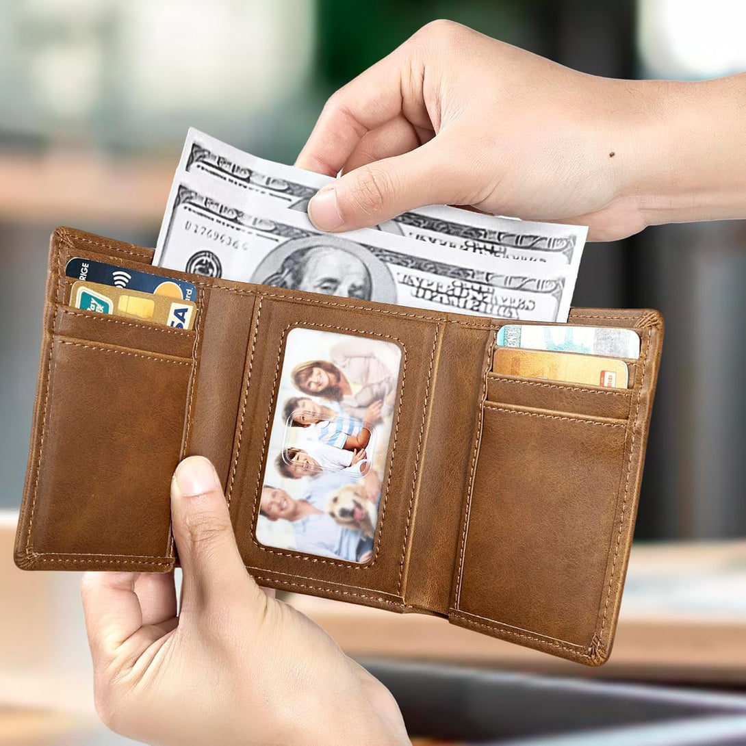 Trifold Wallet for Men Wallets with 8 Card Slot and 2 Money Pocket and 1 Clear Windows Slot + 1 Slim Card Pocket for Credit Card with 6 Card Slot and 1 Transparent Windows Slot - Brwon