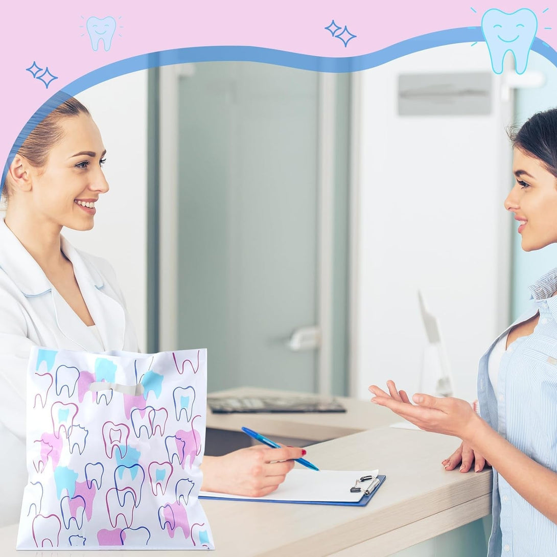 Aliceset 300 Pcs Tooth Merchandise Bags with Handles Plastic Dental Bags for Patients Dental Gifts Bulk for Dentist Office Goodie Packaging Appreciation Gifts Retail Party Favor, 8.27X9.45In (Stylish)