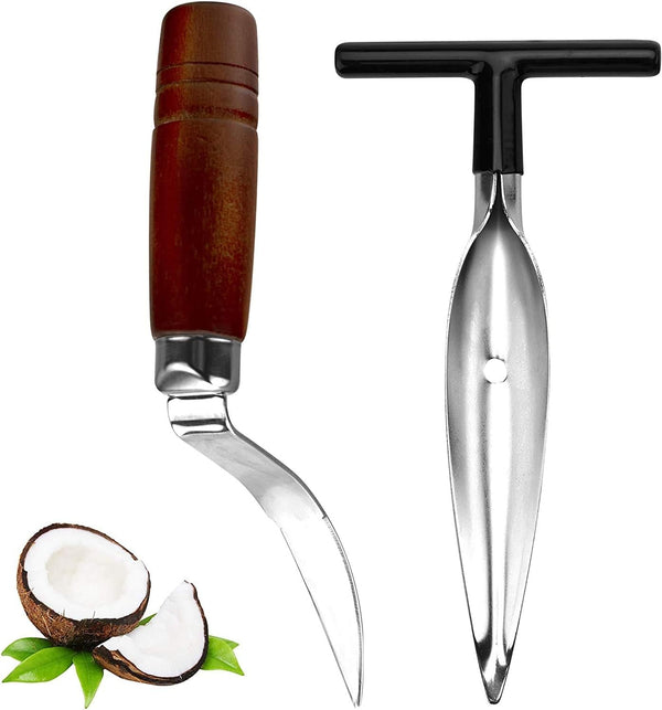2 PCS Coconut Opener Tool Set Coconut Meat Remover Stainless Steel Coconut Opener Scraper Knife Coconut Punch Tool with Durable Non-Slip Wooden Handle Scraper