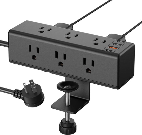 CCCEI Desk Clamp Power Strip with 9 Outlets, Desktop Edge Mount Surge Protector with USB-A and USB-C Ports, Widely Spaced Desk Outlet Fast Charging Station, 6 FT Flat Plug, Fit 1.6 Inch Table.