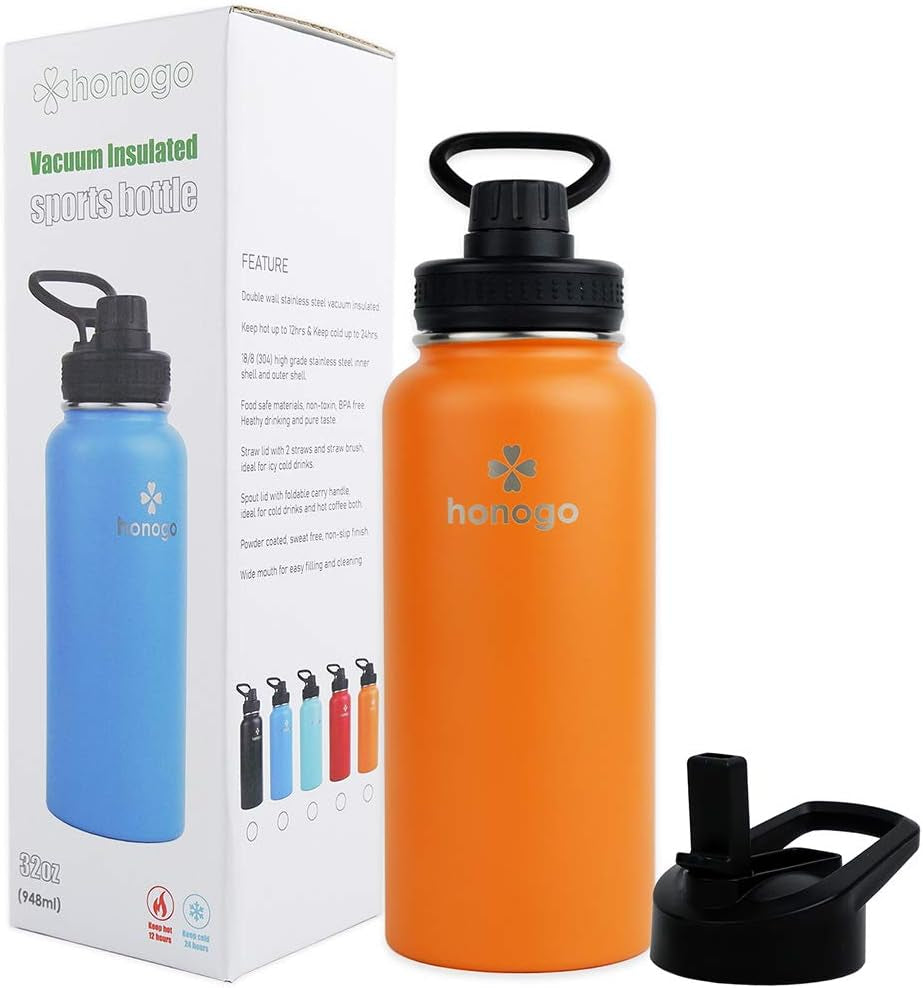 32 Oz Powder Coated Double Wall Vacuum Insulated Sports Water Bottle, 18/8 Stainless Steel Wide Mouth Thermal Flask with Straw Lid & Spout Lid, Leak Proof, Sweat Free, BPA Free (Orange, 32 Oz)