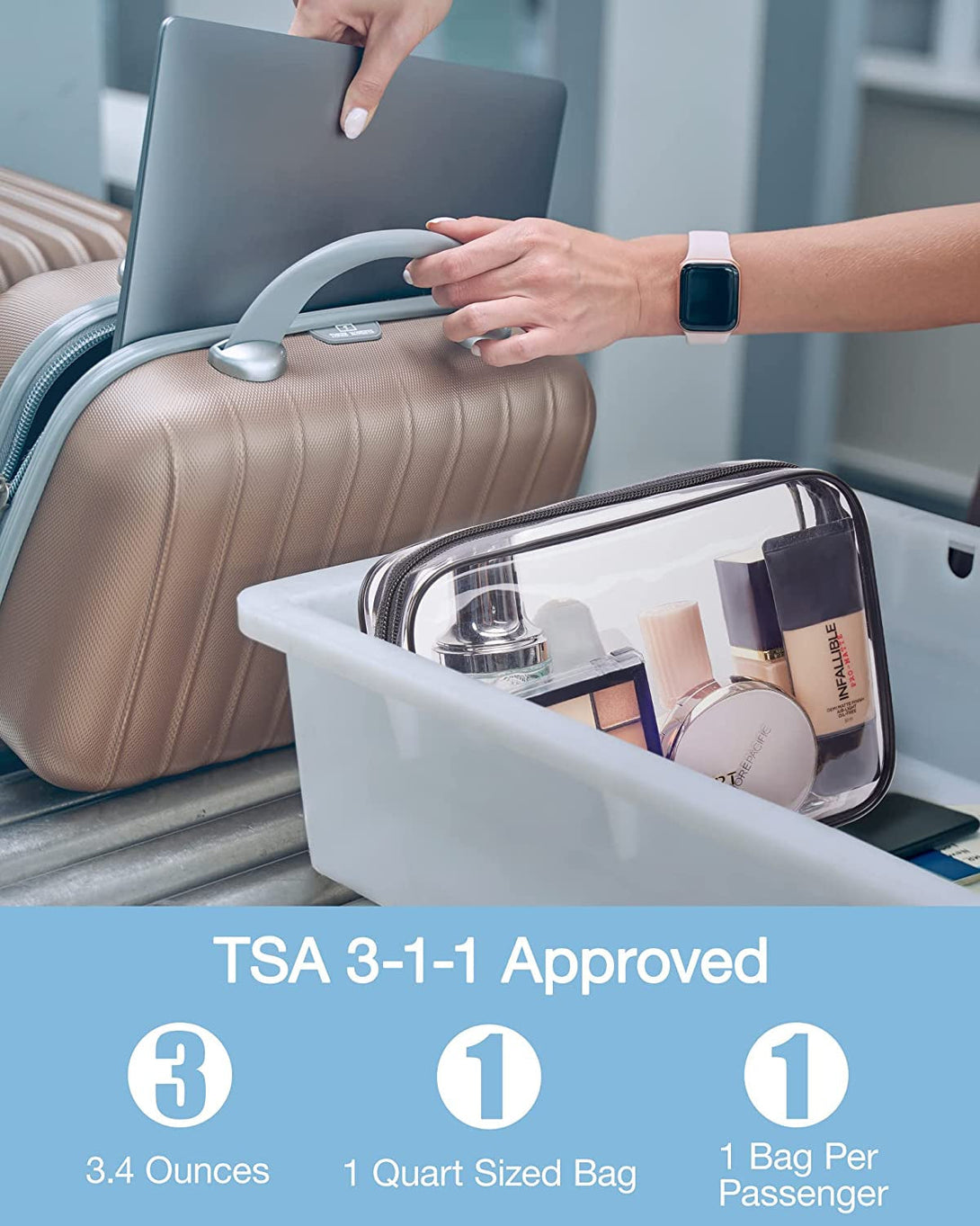 BAGSMART Clear Toiletry Bag, 2 Packs TSA Approved Water Resistant Quart Size Travel Organizer, Airport Airline Travel Essential Carry on Makeup Cosmetic Bags for Women, Black