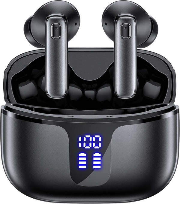 Wireless Earbuds Bluetooth 5.3 Headphones Hifi Stereo Deep Bass Ear Buds 68H Long Playtime Earphones with LED Display Charging Case IPX7 Waterproof for Phones Tablets Laptops Sports Black