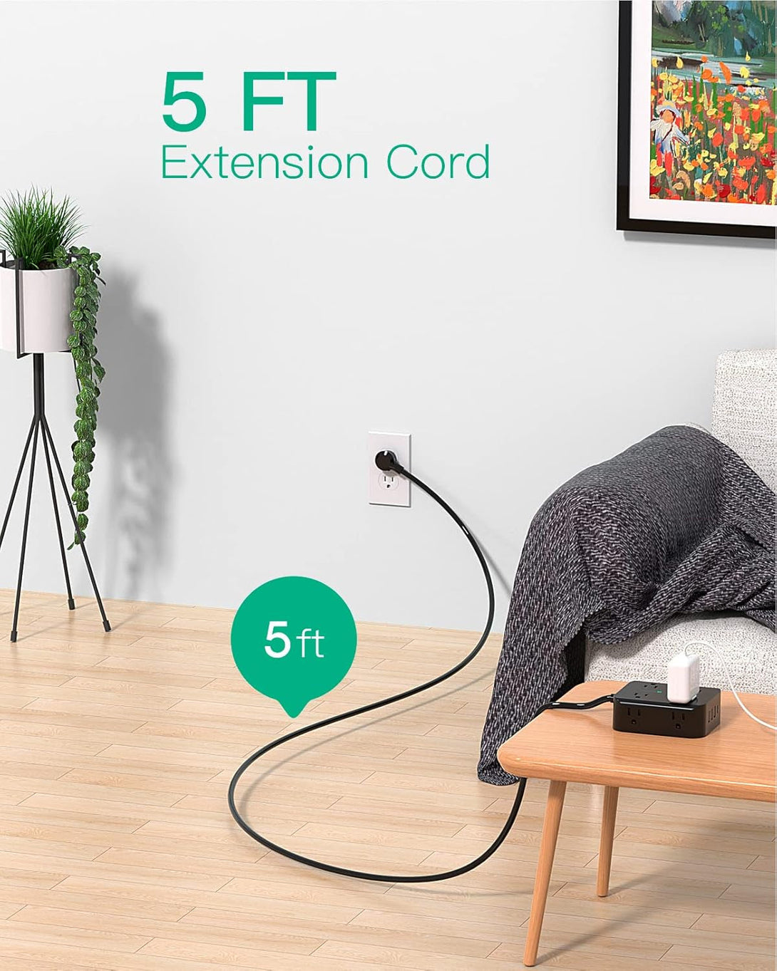 Power Strip Surge Protector - Flat Plug, Wall Mount, 8 Wide Outlets with 4 USB Ports (2 USB C), 5FT Heavy Duty Extension Cord with Multiple Outlets, Charging Station Overload Protection for Home Dorm