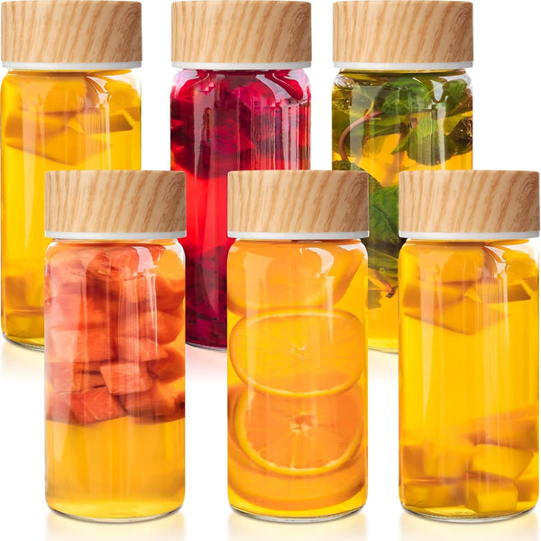 Nuogo 6 Pack Glass Bottles with Lids 12 Oz Juicing Bottles Reusable Wide Mouth Glass Cups Airtight Leak Proof Drinking Milk Water Tea Cups for Storage(Wood)