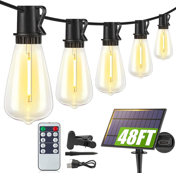 48FT Solar String Lights Outdoor with Remote, Waterproof Dimmable Patio Lights with 18+1 LED ST38 Bulbs 3 Modes Hanging Lighting for Backyard