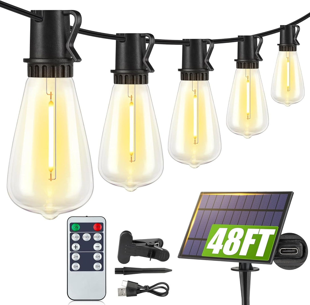 48FT Solar String Lights Outdoor with Remote, Waterproof Dimmable Patio Lights with 18+1 LED ST38 Bulbs 3 Modes Hanging Lighting for Backyard