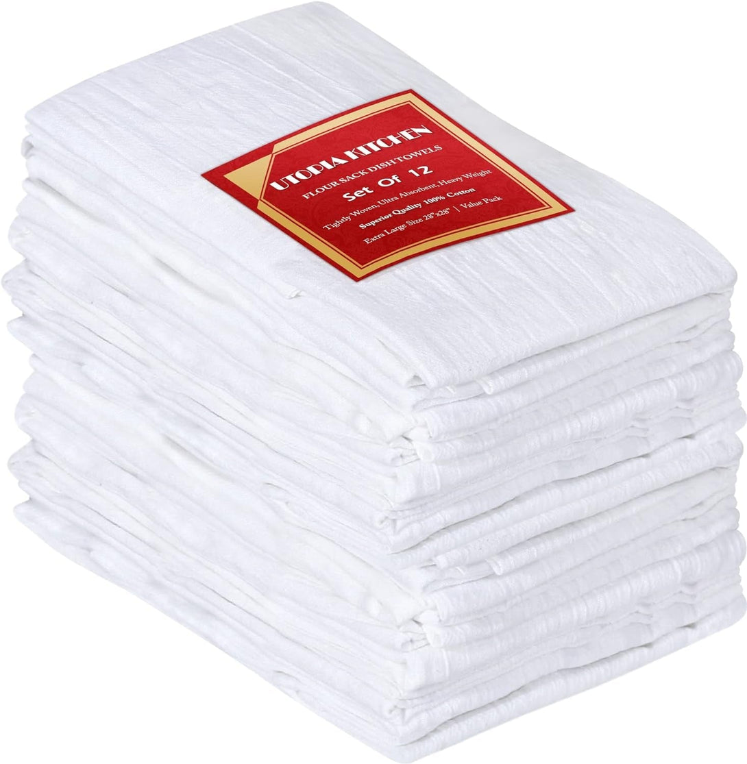 Utopia Kitchen White Flour Sack Towels [12 Pack - 28 X 28 Inch] 100% Cotton Tea Towels for Cleaning & Drying - Highly Absorbent Kitchen Dish Cloth