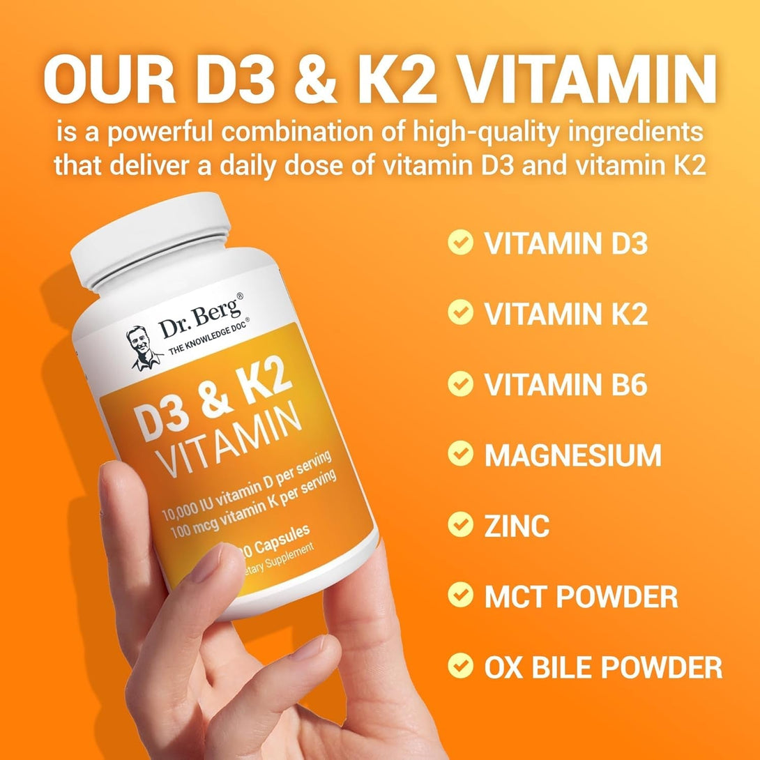 Dr. Berg Vitamin D3 K2 W/Mct Powder - Includes 10,000 IU of Vitamin D3, 100 Mcg MK7 Vitamin K2, Purified Bile Salts, Zinc & Magnesium for Ultimate Absorption - K2 D3 Vitamin Supplement - 120 Capsule