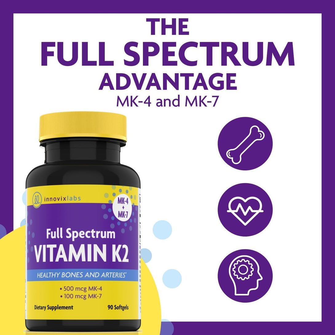 Innovixlabs Full Spectrum Vitamin K2-90 Softgels with 600 Mcg of Trans Form MK7 and MK4 - Supports General Health and Bone Strength - Soy and Gluten Free K2 Vitamin Supplement