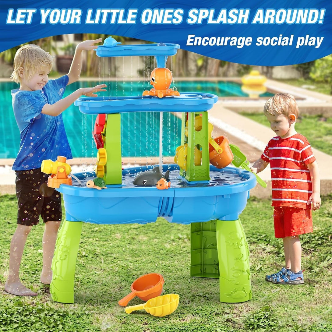 Auto Water Table for Toddlers 3-5 with Water Pumb, 3-Tier Kids Sand Water Table, Rain Showers Splash Pond for Outdoor Beach Backyard Summer, Activity Sensory Play Table for Boys Girls
