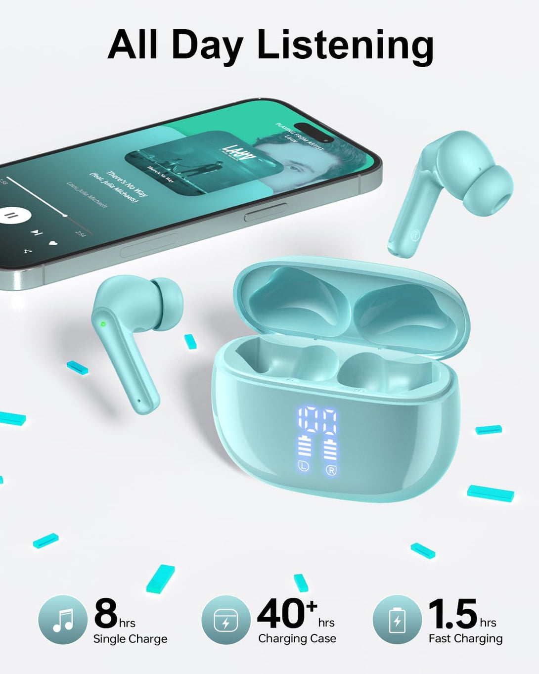 Wireless Earbuds, Bluetooth 5.3 Ear Buds, Headphones with Clear Stereo Sound, 40H Playtime with LED Digital Display, IPX7 Waterproof Earphones Built-In Mic for Phone Tablet Sports Workout, Jade