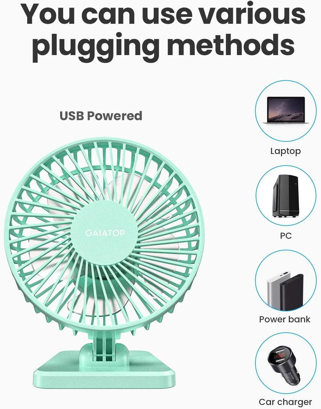 Gaiatop USB Desk Fan, Small but Powerful, Personal Portable Quiet 3 Speeds, Adjustable Mini Table Desktop Fan for Cooling Home Office Car Summer Travel Gifts Green