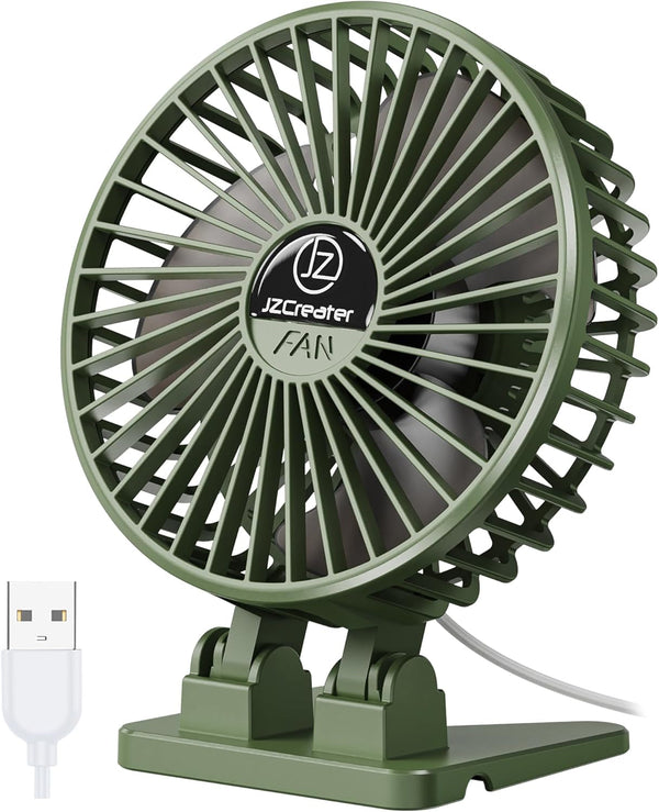 Jzcreater USB Desk Fan, Mini Fan Portable, 3 Speeds Desktop Table Cooling Fans, Plug in Power Fans, Rotation Strong Wind, Quiet Personal Small Fan for Home Desktop Office Travel Bedroom, Army Green