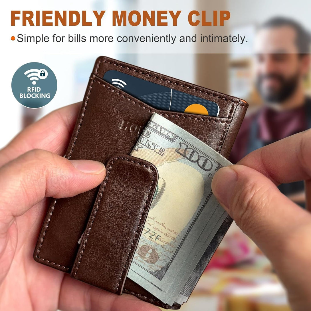 Magnetic Closure Slim Wallet for Men with Money Clip Gift Boxed,Genuine Leather Front Pocket Wallet, 3.9"X 2.7", RFID Blocking