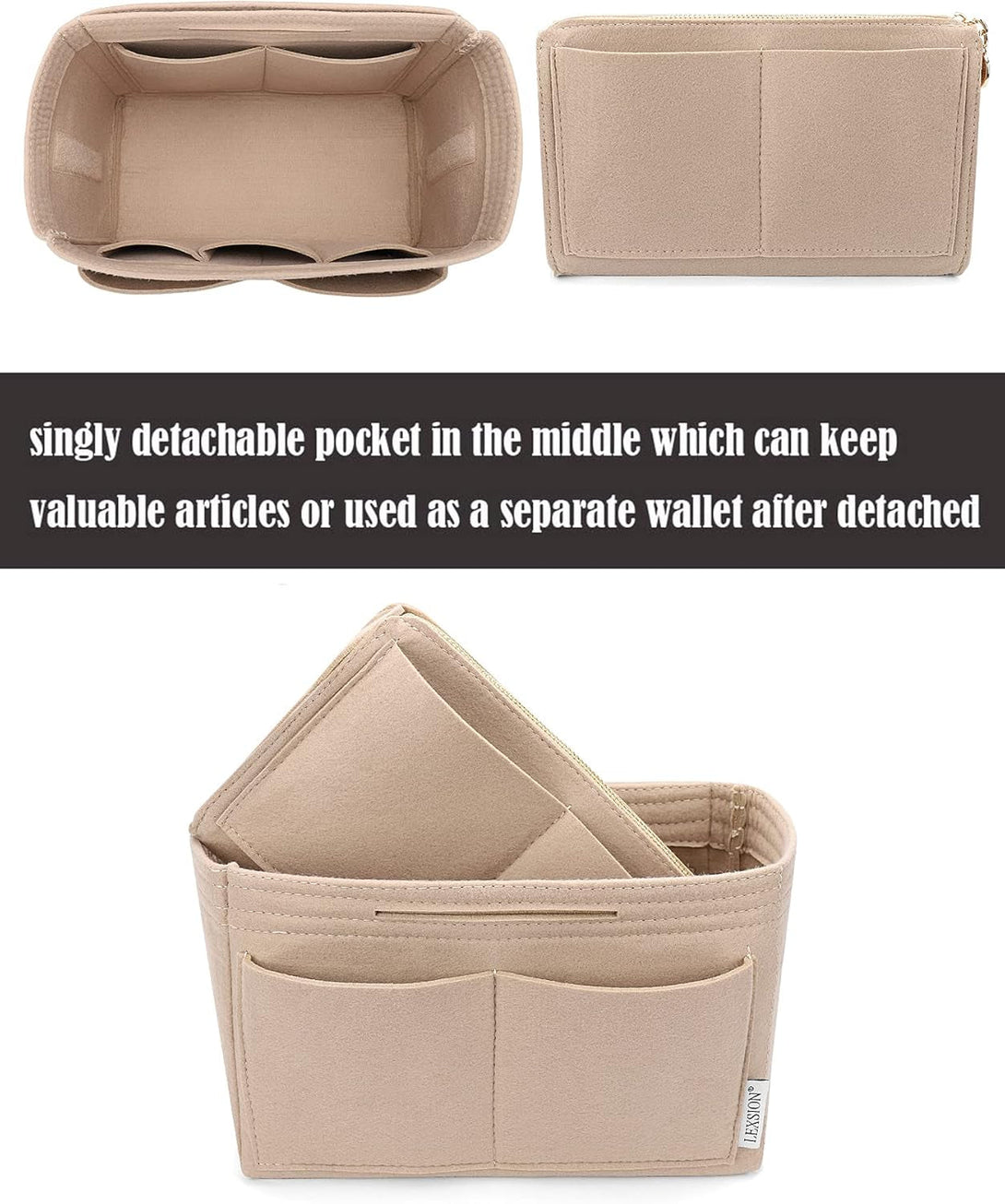 LEXSION Felt Purse Bag Organizer Insert with Zipper Bag Tote Shaper Fit Speedy Neverful PM MM