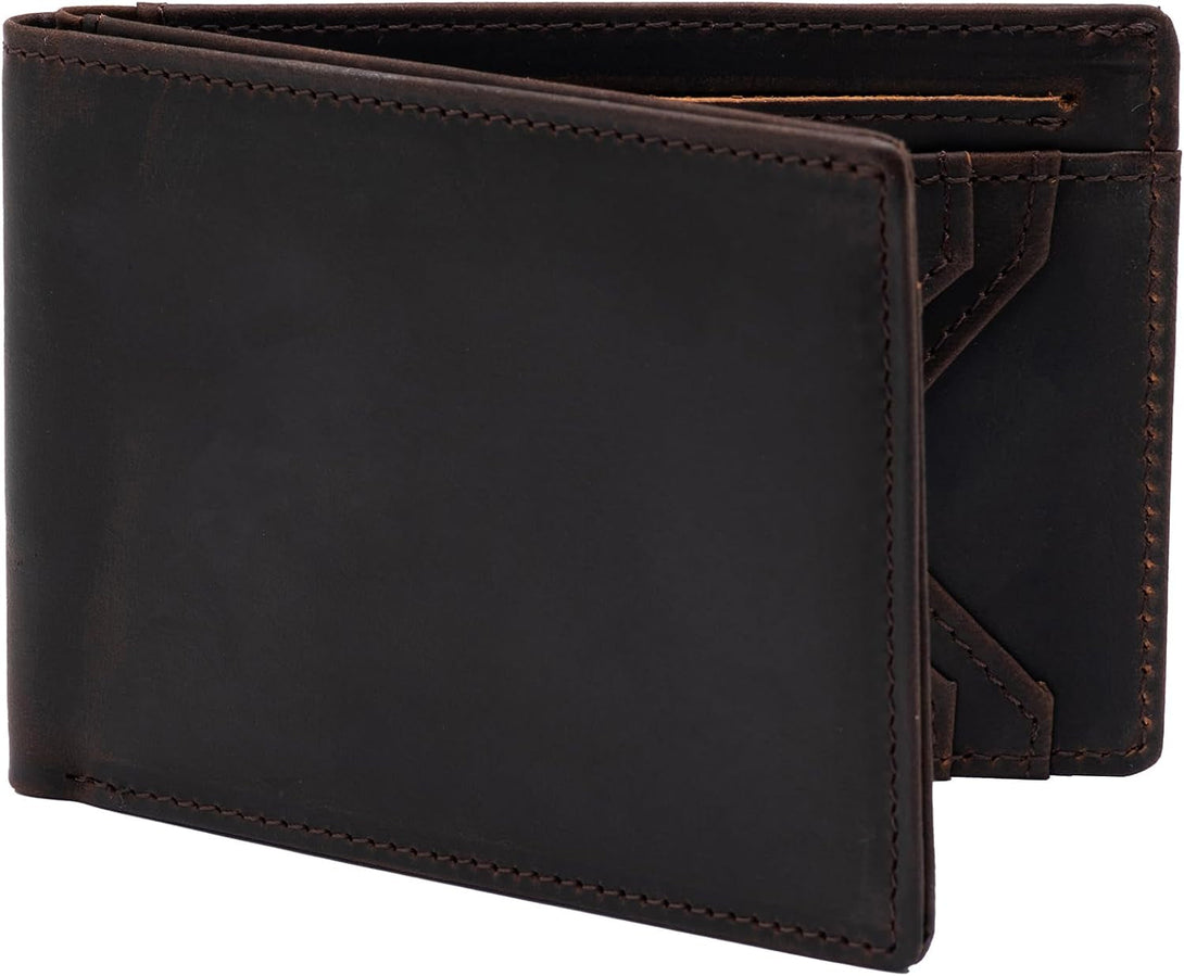 Mens Bifold Crazy Horse Leather Wallet, Slim Minimalist RFID Blocking Genuine Leather Wallet for Men with ID Window and 8 Cards Slot（Dark Brown）