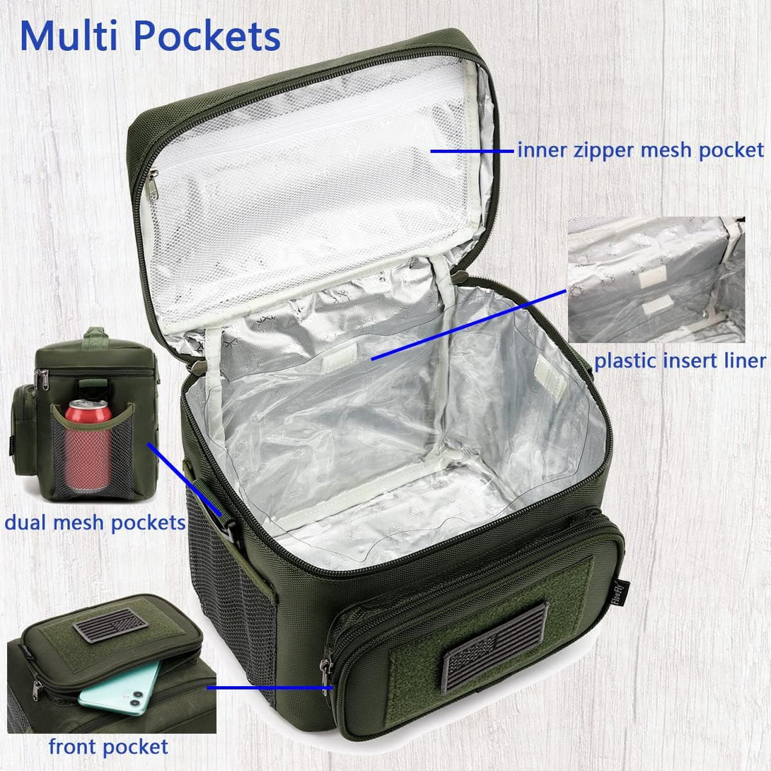Flowfly Tactical Lunch Bag Large Insulated Lunch Box Cooler Tote for Men, Women with MOLLE/PALS Webbing (Army#Green, Medium)