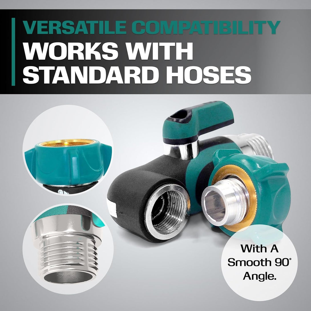 2WAYZ 90 Degree Hose Elbow Angle Connector with Shut off Valve - 2023 Heavy Duty Model, Water Hose Fittings, 90 Degree Hose Elbow with Two Shut Offs, Compatible with Garden Hose and Spigot, Green
