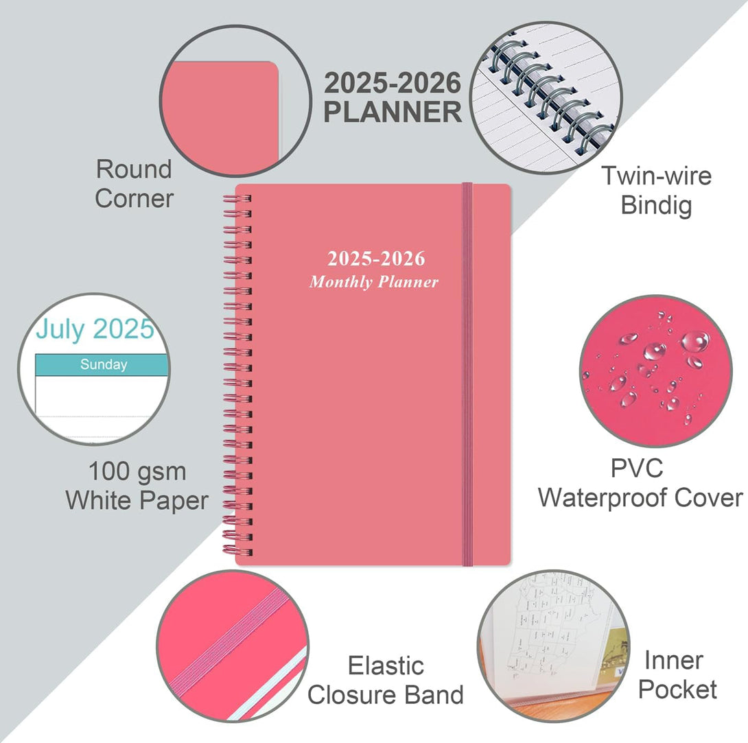 2025-2026 Monthly Planner - July 2025 - December 2026, Two Pages per Month, 18 Monthly Calendar/Planner with Tabs, Strong Twin-Wire Binding, Inner Pocket, 6.4" X 8.5", Pink