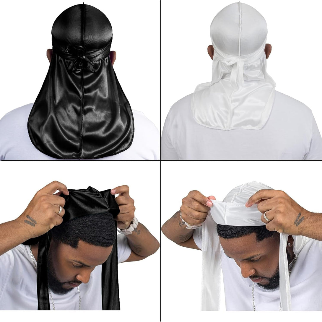 4PCS Silky Durags for Men Women 360 Waves with 1 Wave Cap, Silky Satin Durag Extra Long Tails