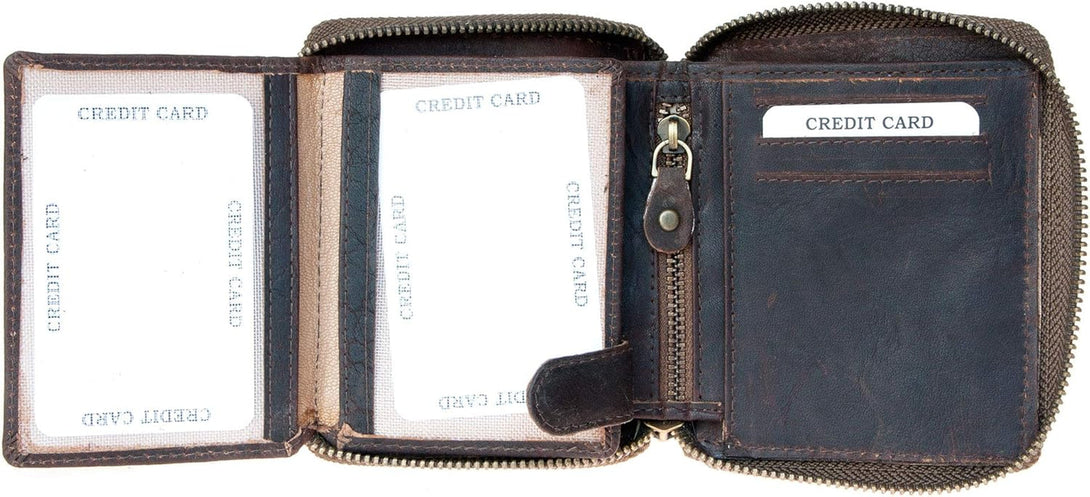 FLW Small Strong Oiled Genuine Leather Wallet with Metal Zipper around without Logos