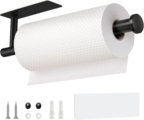 Paper Towel Holder under Cabinet Wall Mount,Self Adhesive and Drilling Paper Towel Holders,Sus304 Stainless Steel Paper Towel Roll Rack,Black Paper Roll Holder for Kitchen Bathroom Home Essentials