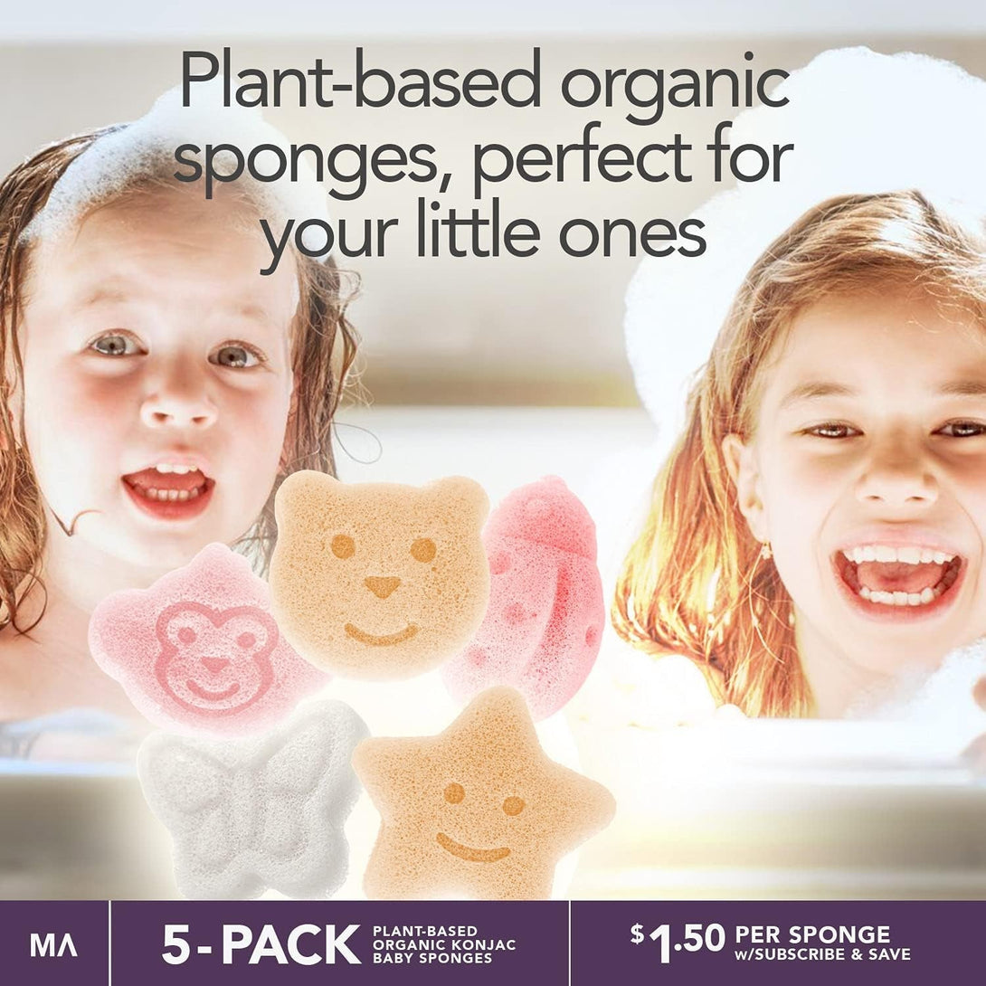 Konjac Baby Sponge for Bathing | Natural Cute Shapes | Kids Bath Sponges for Infants | Toddler Bath Time | Safe Organic Plant-Based | 5Pcs Set : Bear, Monkey, Butterfly, Ladybug, Star