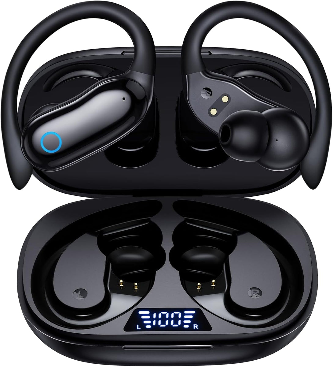 GNMN Ear Buds Wireless Earbuds 96Hrs Playback Bluetooth Headphones IPX7 Waterproof Stereo Bass Over-Ear Earphones with Earhooks Microphone LED Battery Display for Sports/Workout/Gym/Running Black