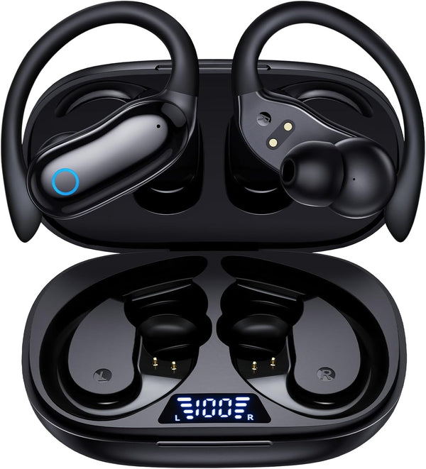 GNMN Ear Buds Wireless Earbuds 96Hrs Playback Bluetooth Headphones IPX7 Waterproof Stereo Bass Over-Ear Earphones with Earhooks Microphone LED Battery Display for Sports/Workout/Gym/Running Black