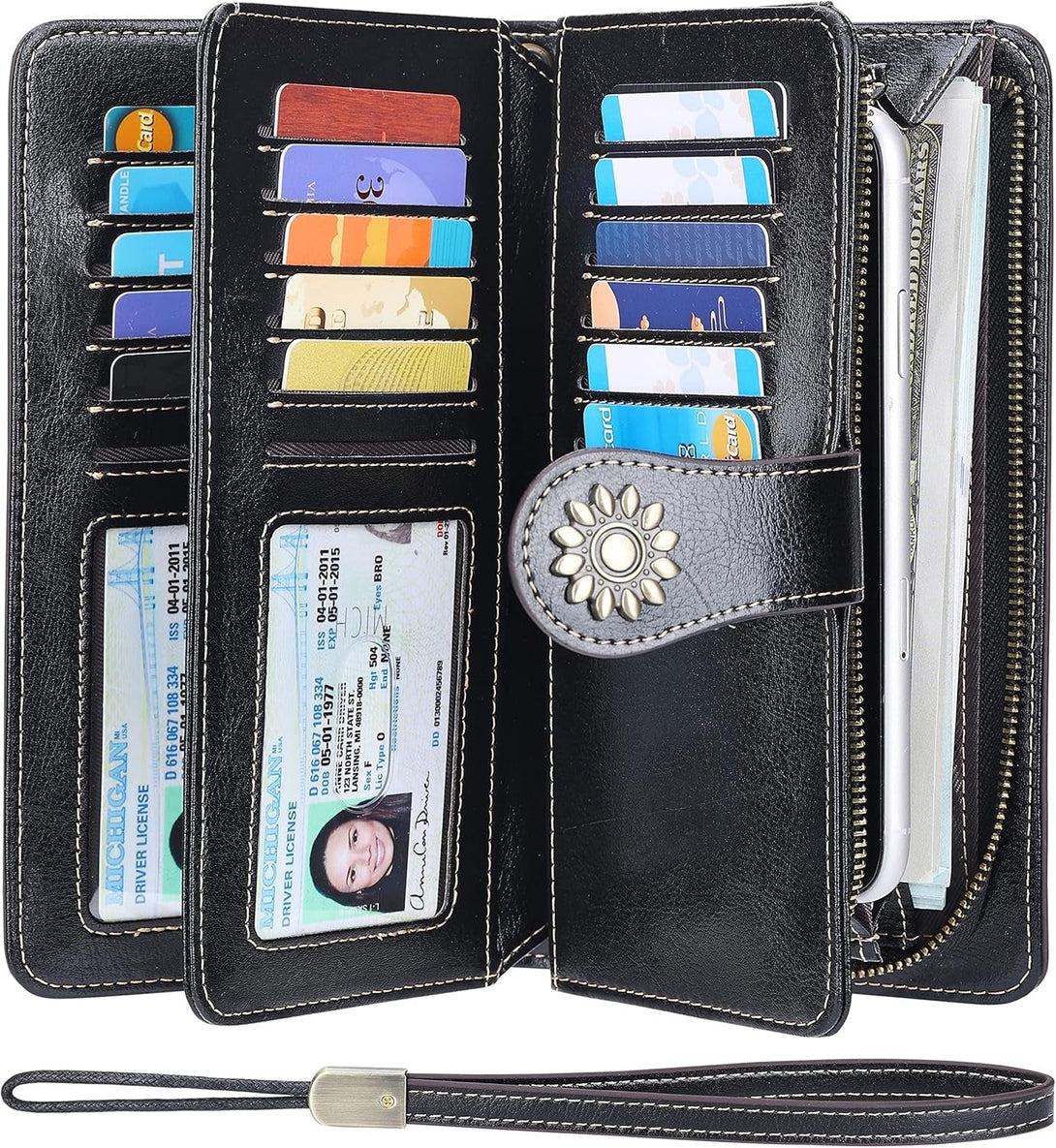 Lavemi Womens Large Capacity Genuine Leather RFID Blocking Wallets Wristlet Clutch Card Holder