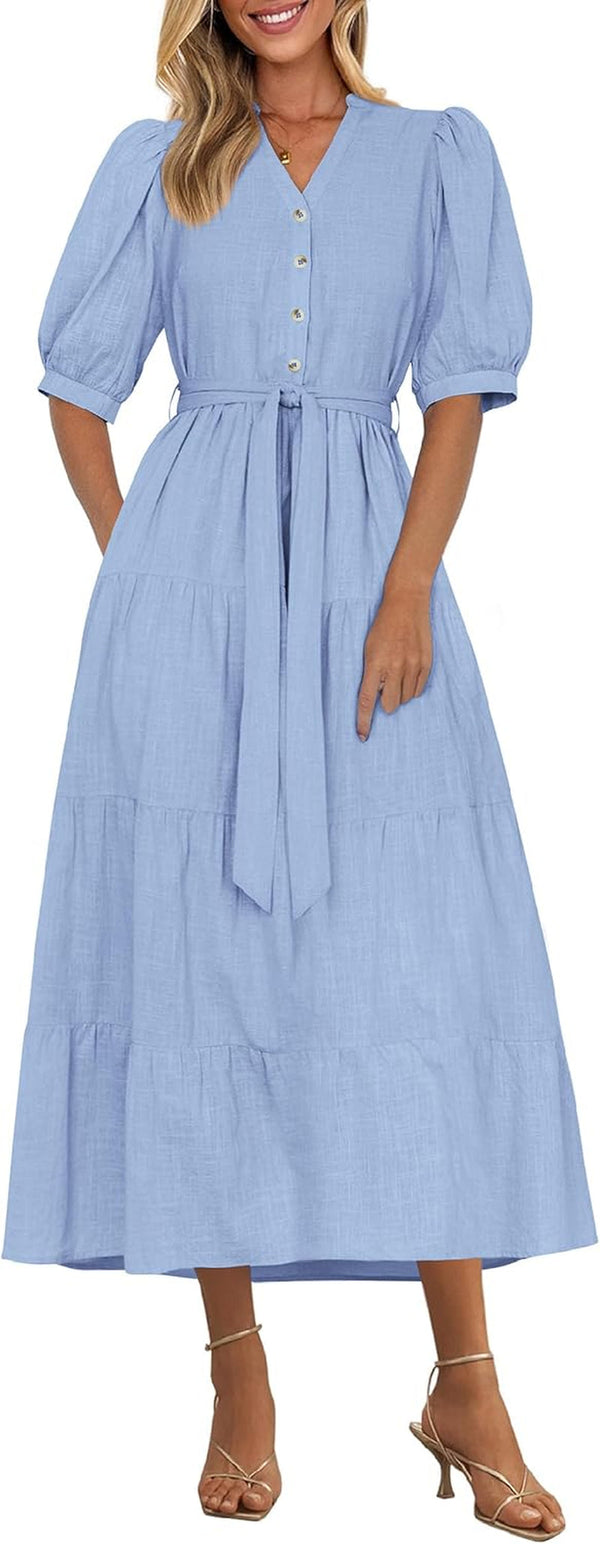 PRETTYGARDEN Women'S Midi Dress 2025 Summer Casual Short Sleeve V Neck Buttons Belted Ruffle a Line Flowy Dress with Pockets