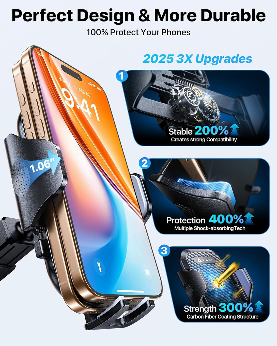 Andobil Car Phone Holder Mount (Strong Suction&Bumpy Road Stable) Phone Holders for Your Car, Cell Phone Car Mount for Windshield Dash Vent Truck Cradle Stand for Iphone 16 15 Pro Max 14 13 12 Samsung