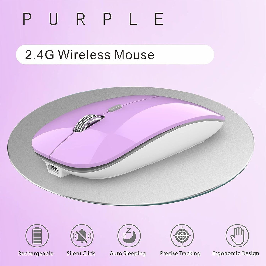 Uciefy Q5 Slim Rechargeable Wireless Mouse, 2.4G Portable Optical Silent Ultra Thin Wireless Computer Mouse with USB Receiver and Type C Adapter, Compatible with PC, Laptop, Desktop (Purple)