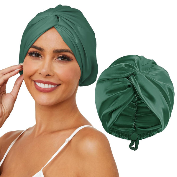 Adjustable Silk Satin Hair Bonnet for Sleeping, Double Layer Hair Wrap Sleep Cap Turban for Women Men, Curly Straight Long Large Braid Unisex (Forest Green 26)