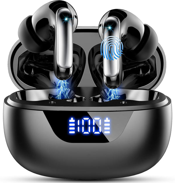 Wireless Earbuds Bluetooth 5.3 Headphones 48H Stereo Earphones in Ear with 4 ENC Mic Clear Calls, Noise Cancelling Ear Buds with LED Display Charging Case, IP7 Waterproof Sport Headset for Android Ios