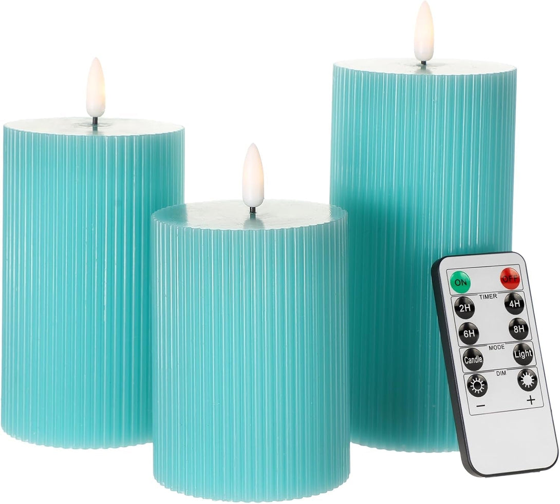 ANGELLOONG Teal Flameless Candles with Remote, Battery Operated LED Candles with Timer, Set of 3, Real Wax Fake Pillar Candles for Bathroom Living Room Summer Wedding Deocr