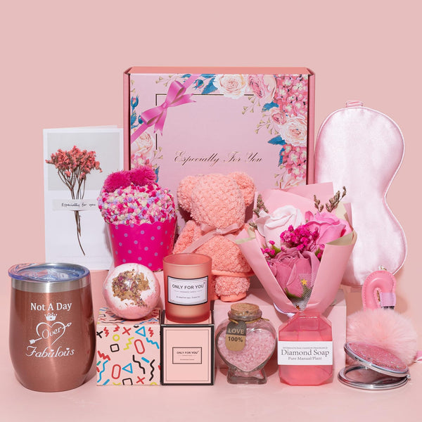 Birthday Gift Basket for Women - Unique Pink Box for Her Relaxing Self Care Set - Presents for Female Friends, Bestie, Girlfriend