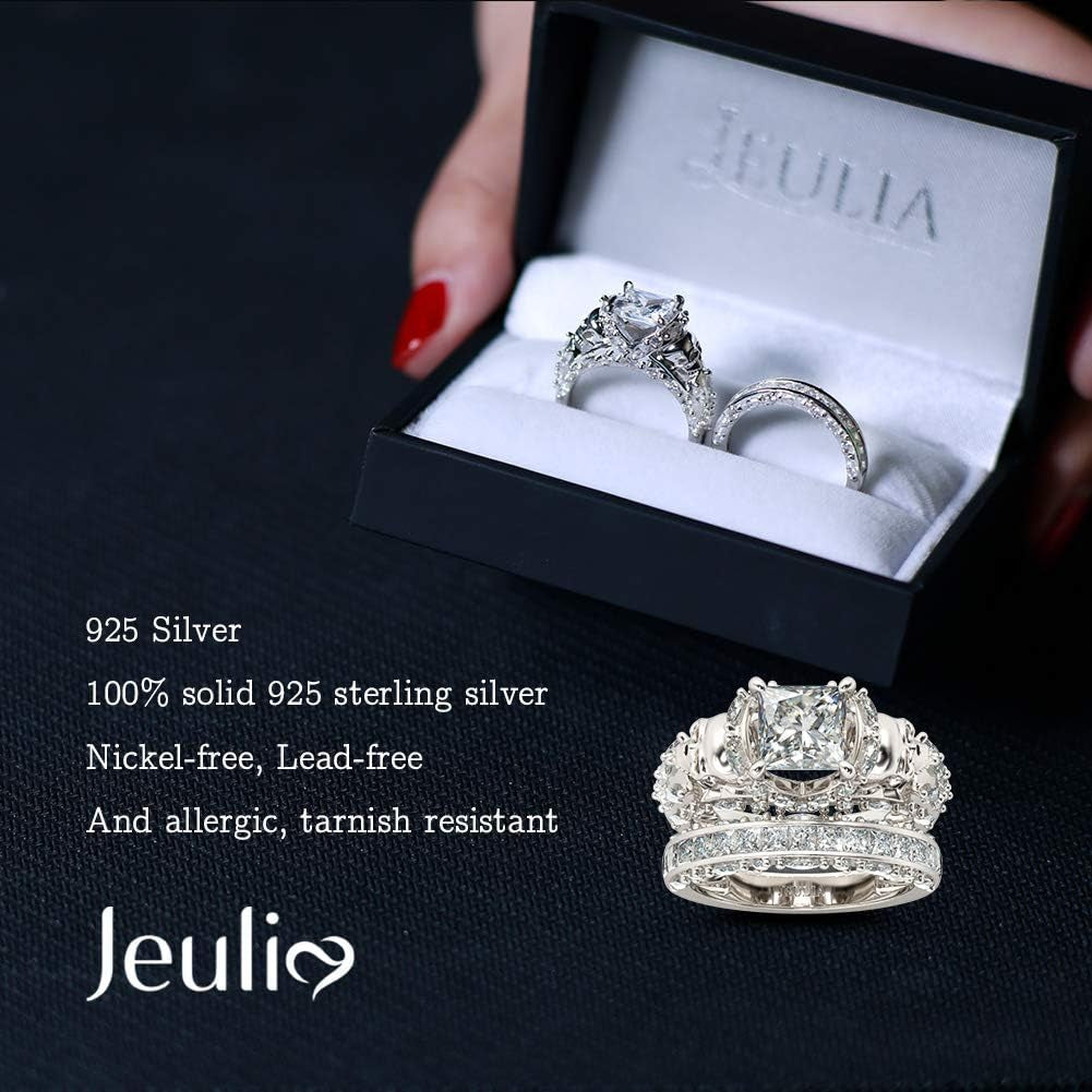 Jeulia Skull Engagement Ring Sets Sterling Silver Promise Eternity Band Rings Diamond Princess Cut with Cubic Zirconia Wedding Engagement Anniversary Promise Rings Bridal Sets