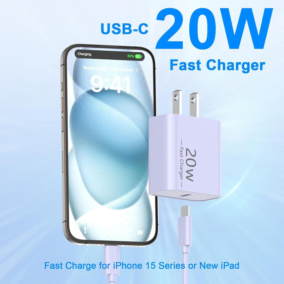 20W USB C Wall Charger Fast Charging Compatible for Iphone 16/16 Plus/16 Pro/16 Pro Max/15/15 Pro/15 Pro Max/15 Plus, 2 Pack Iphone 16 15 Charger Block with 10FT Type C Charging Cable, Purple