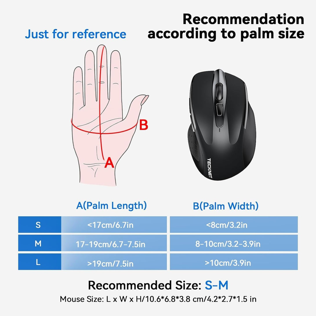 TECKNET Wireless Mouse Rechargeable, 2.4G USB-A Silent Mouse, Quiet Click, 6 Adjustable 4800 DPI, Cordless Computer Mice, Ergonomic Mice for Laptop, 6 Buttons for Chromebook, Ergo Grip - Black
