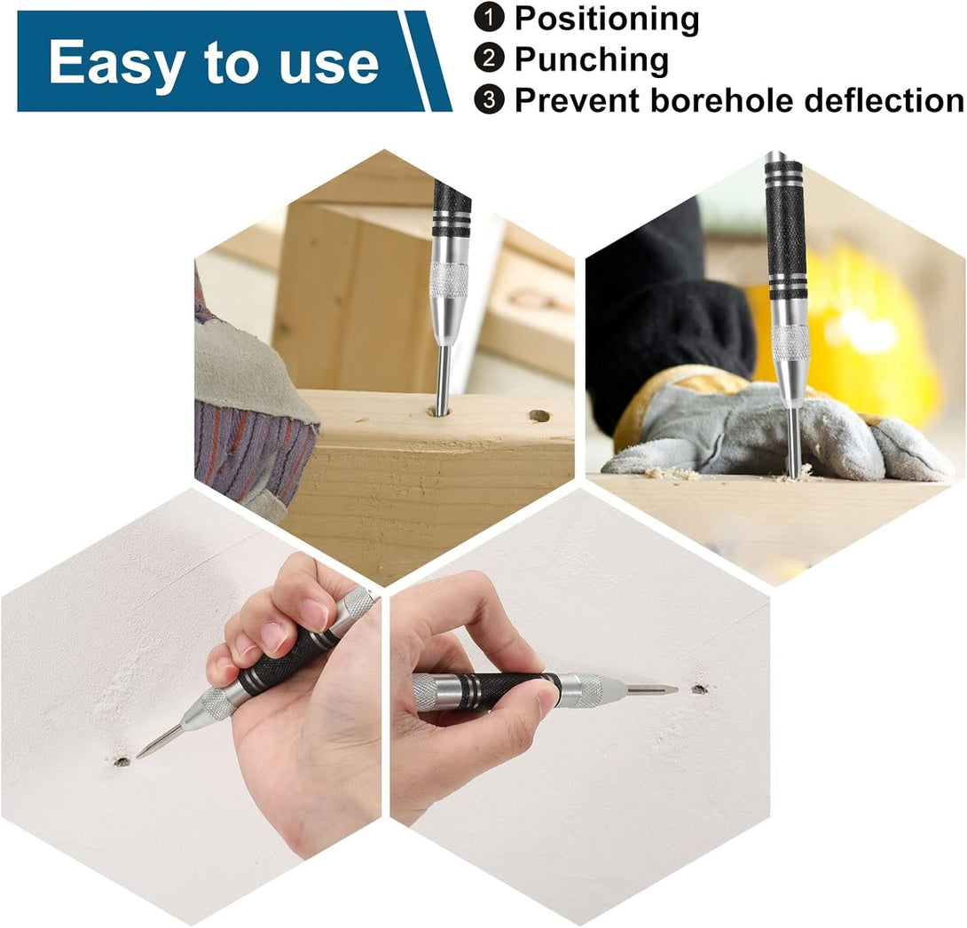 2Pcs Heavy Duty Automatic Center Punch, 5'' Premium Steel Spring Loaded Center Hole Punch, Adjustable Spring Impact Center Marker Scriber Tool for Metel, Plastics, Wood, Glass by Karmiero