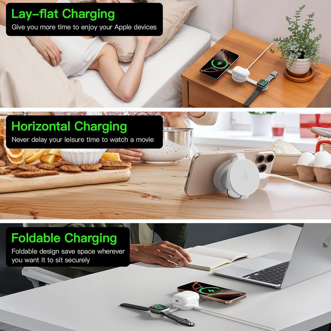 2025 Travel Magnetic Wireless Mag-Safe Maggo UFO 3 in 1 Charging Station for Apple Multiple Devices - Fast Charger Iphone 16 15 14 13 12 Pro Max Plus, Charging Pad for Apple Watch Air Pods (White)