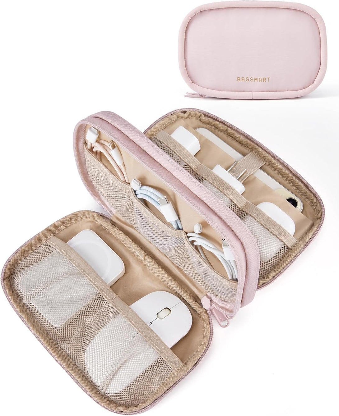 BAGSMART Cord Organizer Travel Cable Bag, Compact Tech Electronic Organizer Travel Case, Essentials for Charger, Cable, Phone, Flash Drive, Double Layers (Pink)